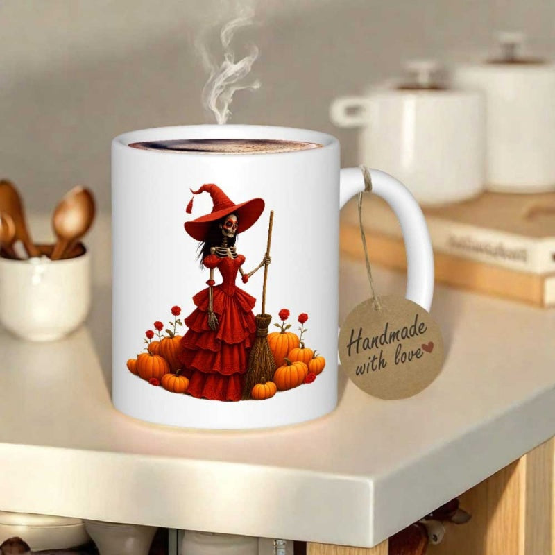 Tailorly White Ceramic 11 oz Mug - Gothic Skeleton Woman In Red Dress Standing Among Festive Pumpkins Witch