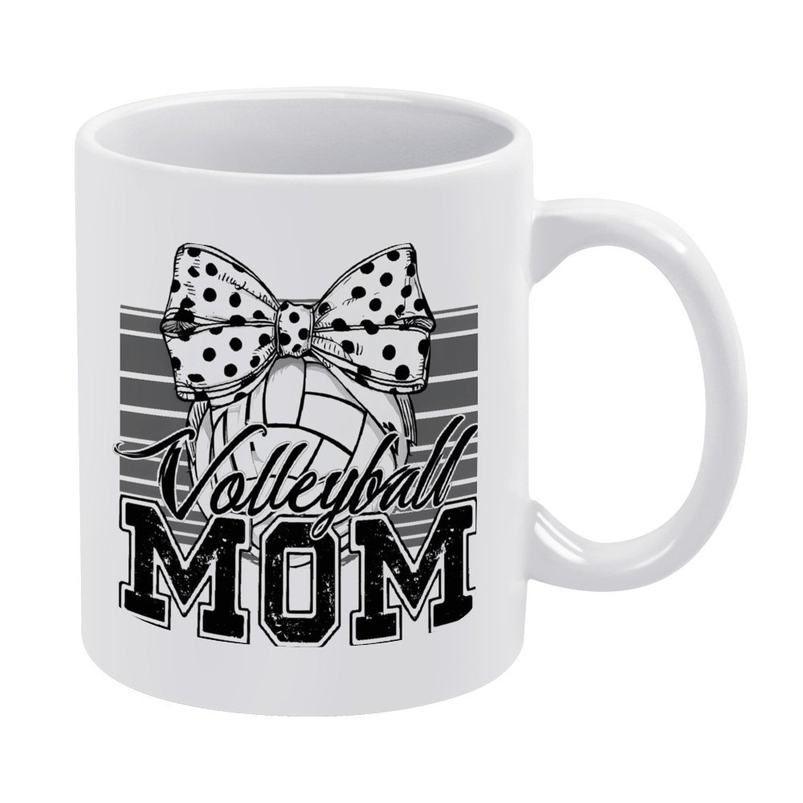 Tailorly White Ceramic 11 oz Mug - Volleyball Mom Distressed Varsity Style With Polka Dot Bow And Stripes Volleyball