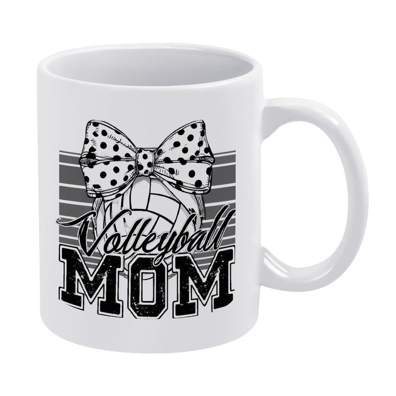 Tailorly White Ceramic 11 oz Mug - Volleyball Mom Distressed Varsity Style With Polka Dot Bow And Stripes Volleyball