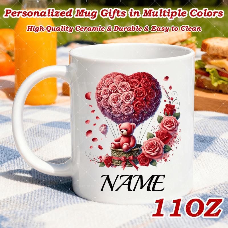 Tailorly White Ceramic 11 oz Mug - Name Lovely Heart Shaped Rose Balloon Floating Above Basket With Teddy Bear