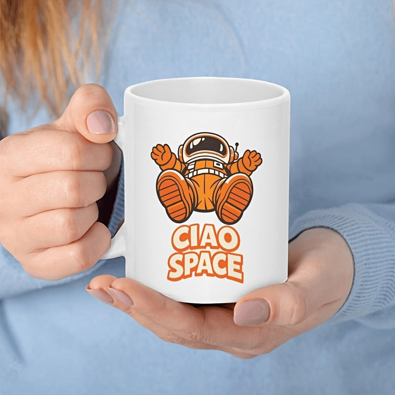 Tailorly White Ceramic 11 oz Mug - Ciao Space Cute Cartoon Figure In Orange Suit Floating Through Vast Galaxies Astronaut