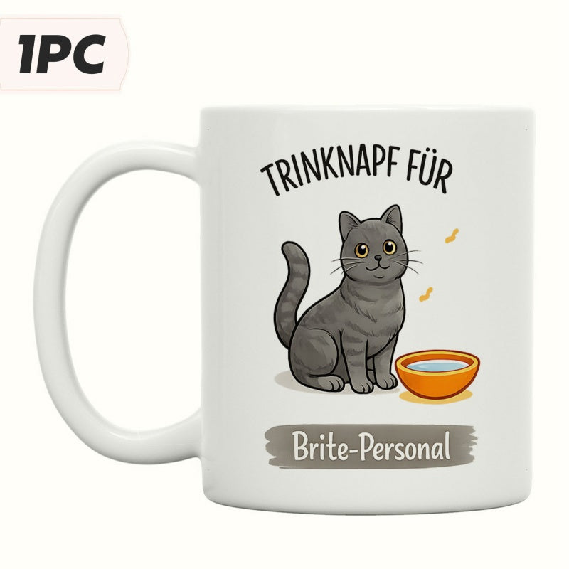 Tailorly White Ceramic 11 oz Mug - Adorable Gray Tabby Sitting Contently Beside A Small Bright Orange Water Bowl Cat