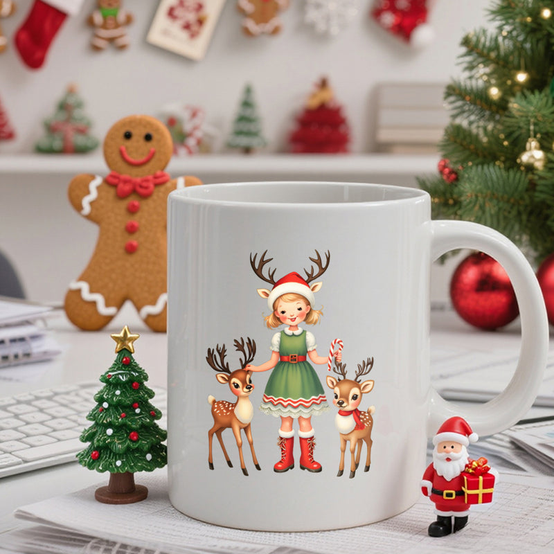 Tailorly White Ceramic 11 oz Mug - Festive Christmas Holiday Theme Featuring Small Reindeers Near A Sweet Little Girl