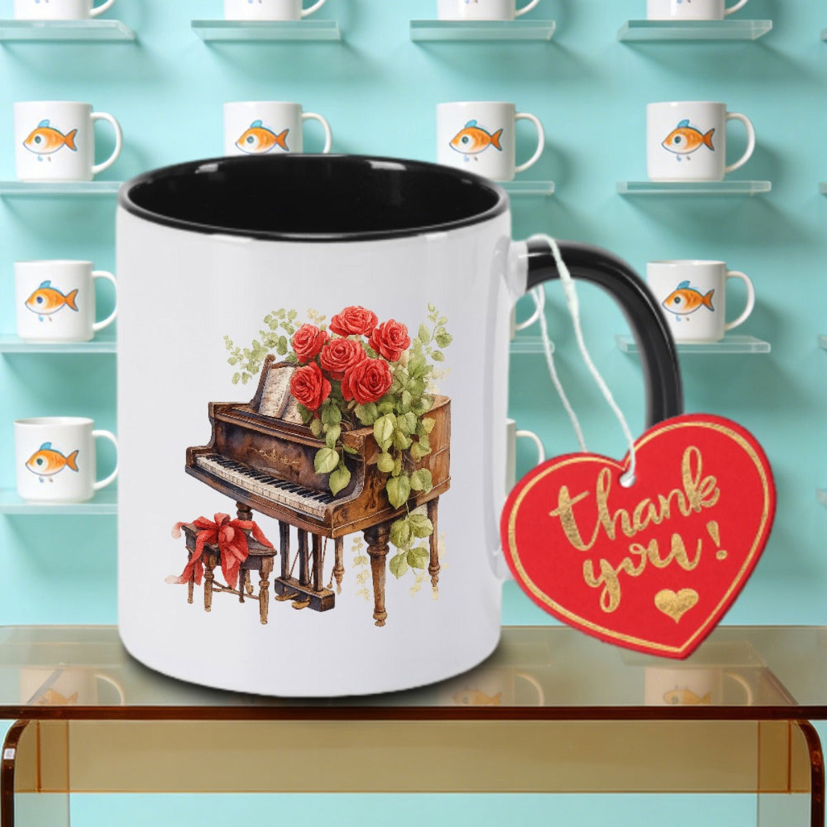 Tailorly Black Accent 11 oz Mug - Floral piano-themed logo