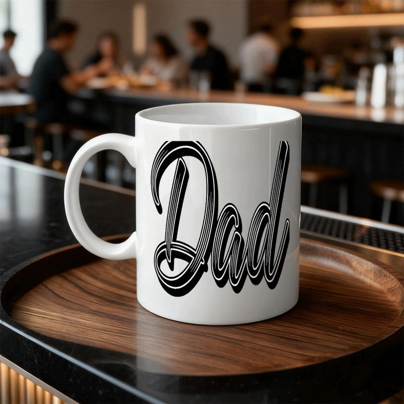 Tailorly White Ceramic 11 oz Mug - Dad Bold Artistic Script Lettering Flowing Across Clean Surface Mug