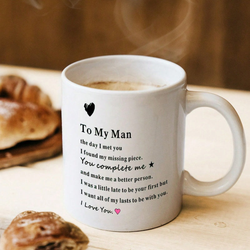 Tailorly White Ceramic 11 oz Mug - To My Man I Love You Minimalist White Ceramic Vessel With Heartfelt Romantic Message And Tiny Hearts Mug