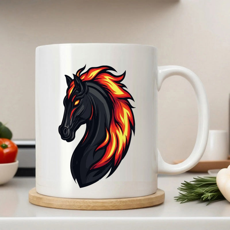 Tailorly White Ceramic 11 oz Mug - Majestic Black Stallion With Flaming Mane And Glowing Eyes In Powerful Silhouette Horse