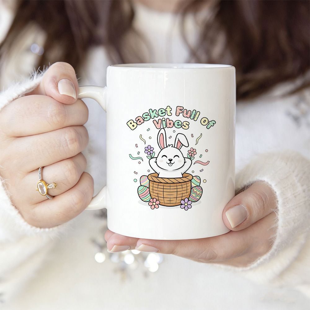 Tailorly White Ceramic 11 oz Mug - Basket Full Of Vibes Adorable Easter Rabbit Sitting Inside Woven Basket Surrounded By Colorful Patterned Eggs Rabbit