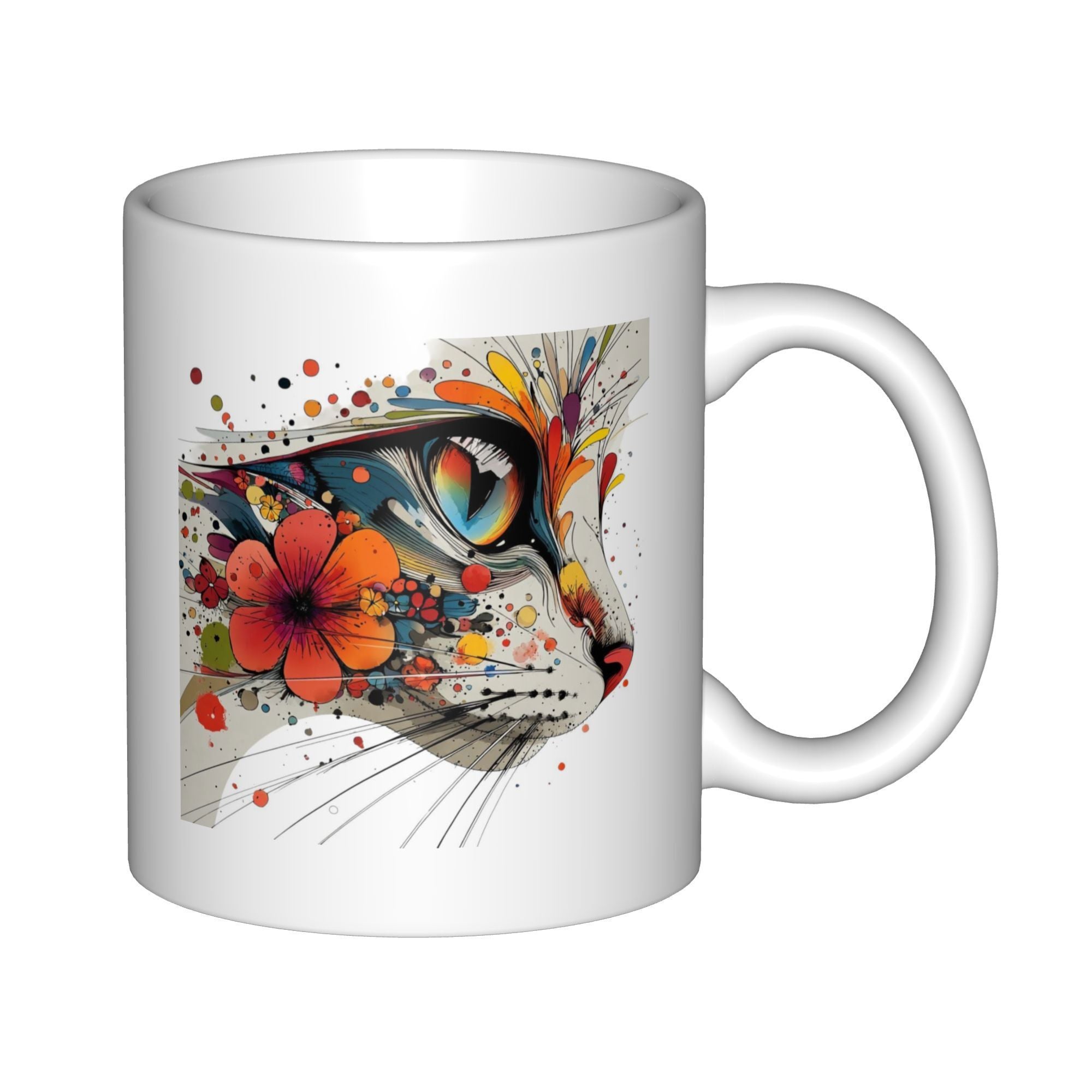 Tailorly White Ceramic 11 oz Mug - Artistic Watercolor Cat Profile With Vibrant Floral Elements And Splatters Cat