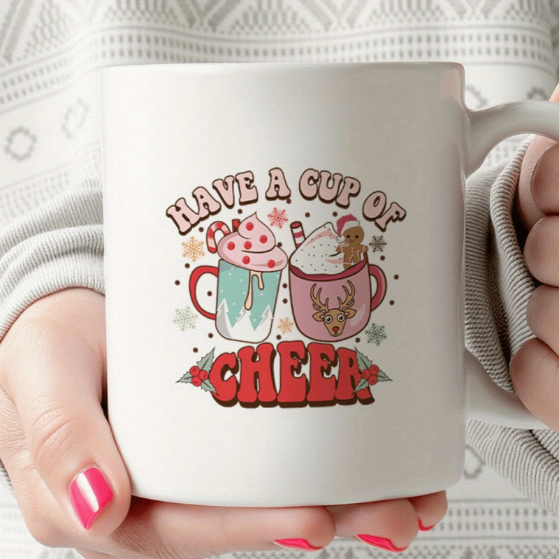 Tailorly White Ceramic 11 oz Mug - Have A Cup Of Cheer Festive Mugs With Whipped Cream Candy Canes And Reindeer Gingerbread Illustrations Mug