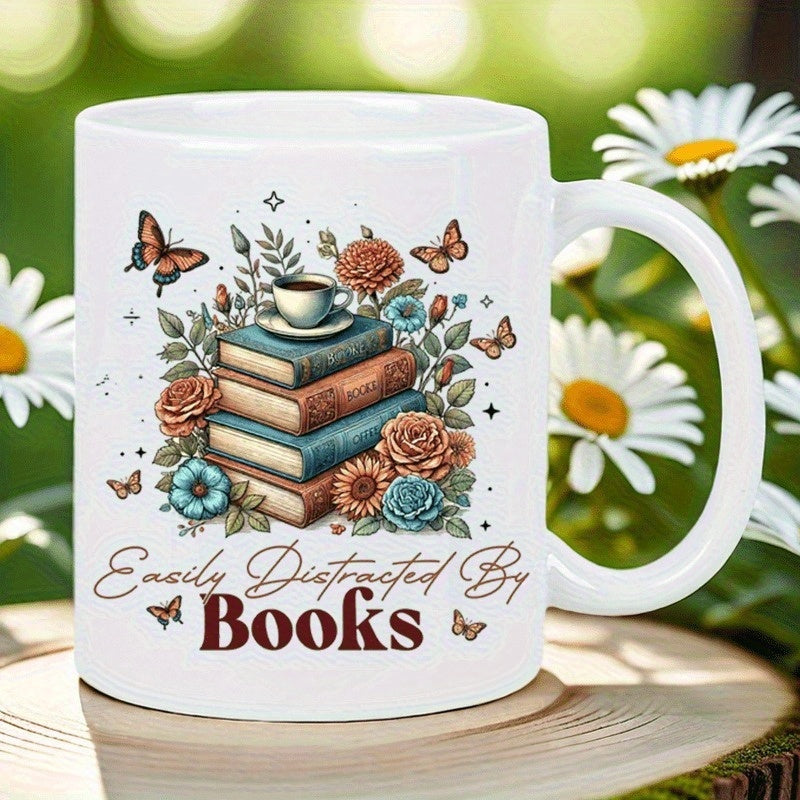 Tailorly White Ceramic 11 oz Mug - Easily Distracted By Books Antique Stack Surrounded By Delicate Roses And Graceful Floating Butterflies Books