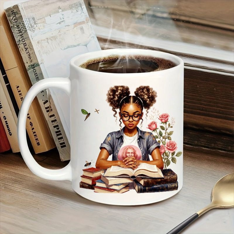Tailorly White Ceramic 11 oz Mug - Intelligent Young Woman Reading Stacked Books Beside Beautiful Blooming Pink Roses Girl