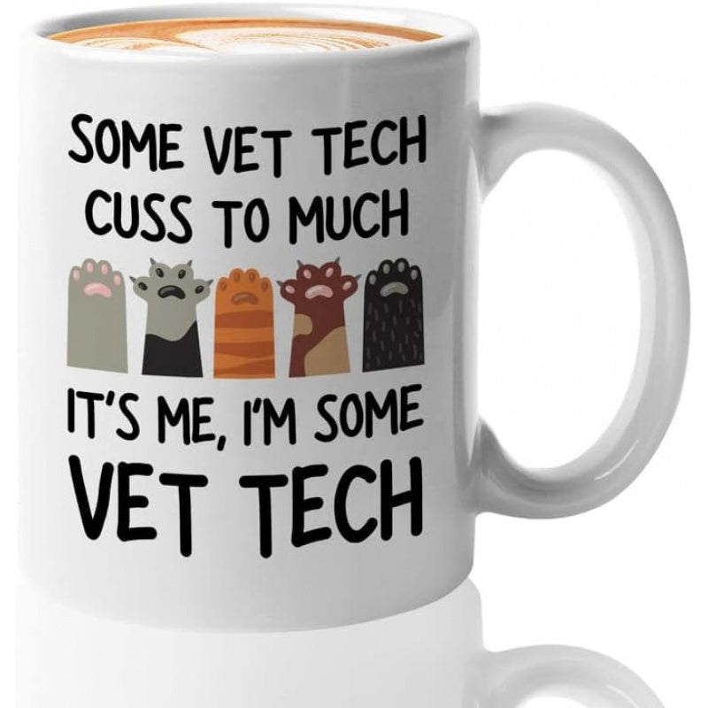 Tailorly White Ceramic 11 oz Mug - Some Vet Tech Cuss To Much Its Me Im Some Vet Tech Five Colorful Cartoon Animal Paws Lined Up Together Mug