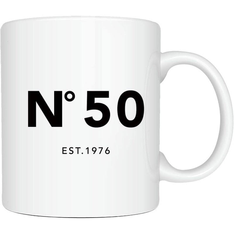 Tailorly White Ceramic 11 oz Mug - N 50 Est 1976 Minimalist Black Text Layout On A Smooth White Surface Mug