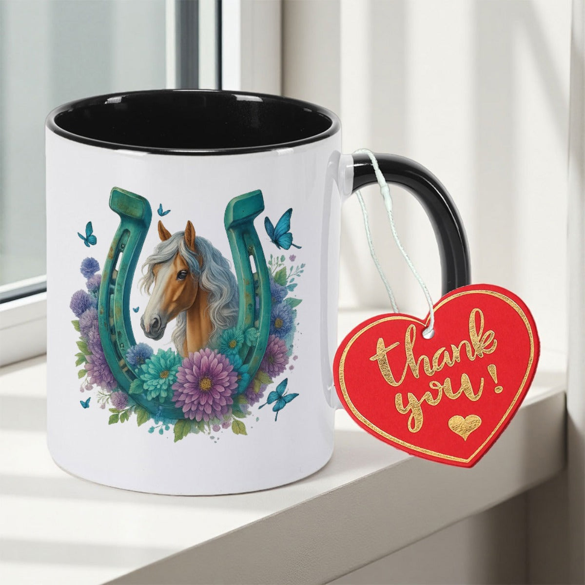 Tailorly Black Accent 11 oz Mug - horseshoe-shaped flowers and butterflies