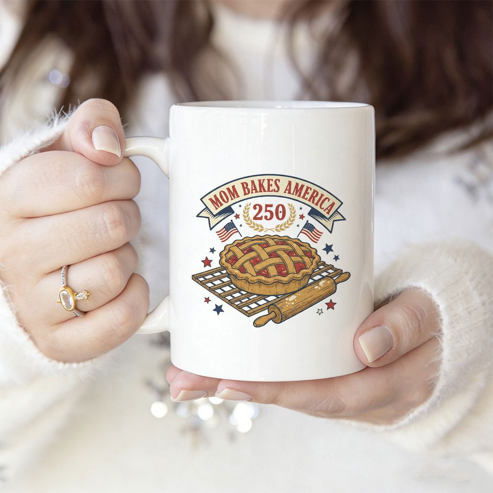 Tailorly White Ceramic 11 oz Mug - Mom Bakes America 250 Freshly Baked Lattice Top Crust Resting On A Wire Rack Rolling Pin Pie