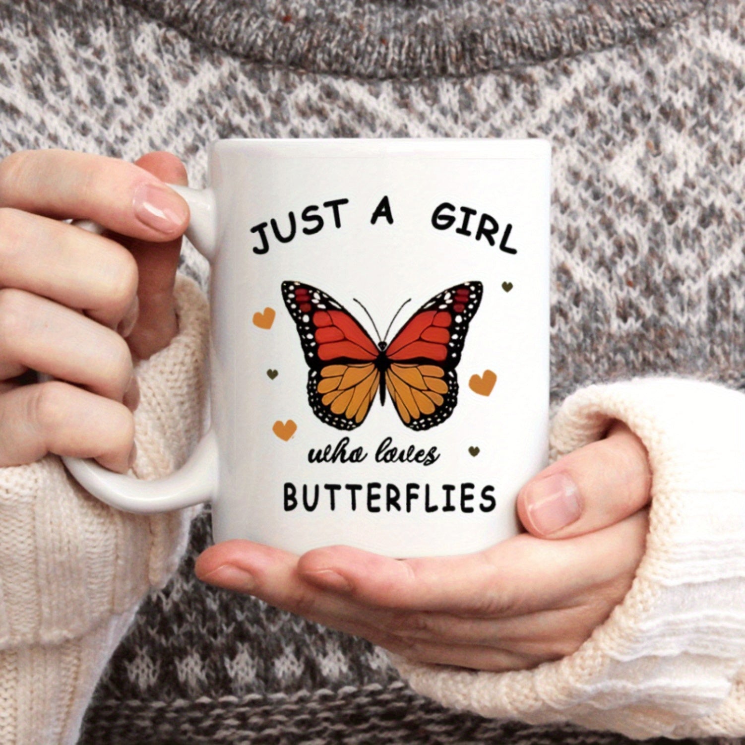 Tailorly White Ceramic 11 oz Mug - Just A Girl Who Loves Butterflies Vibrant Monarch With Black Patterns Flying Among Small Gold Hearts Butterfly