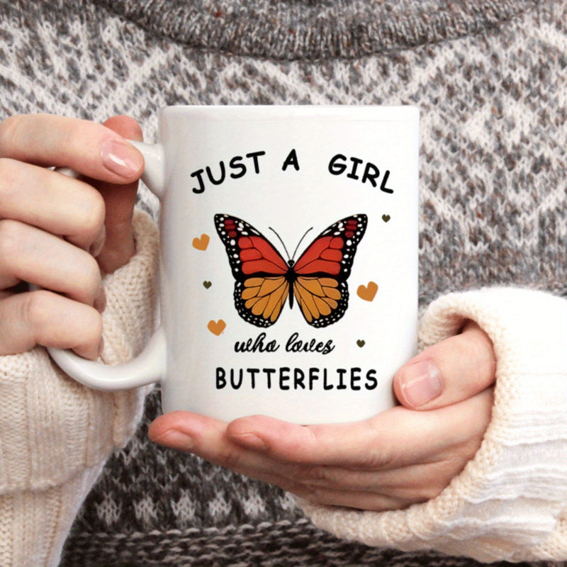Tailorly White Ceramic 11 oz Mug - Just A Girl Who Loves Butterflies Vibrant Monarch With Black Patterns Flying Among Small Gold Hearts Butterfly