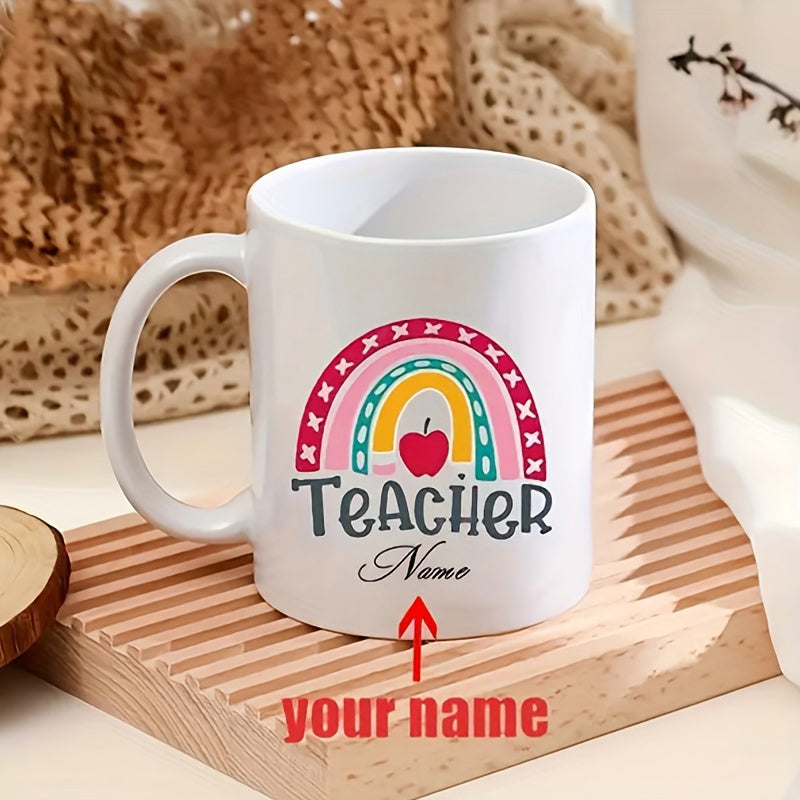 Tailorly White Ceramic 11 oz Mug - Teacher Name Vibrant Multi Layered Rainbow Arches Surrounded By Small Symbolic Classroom Motifs Rainbow