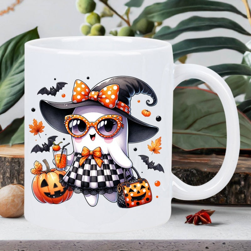 Tailorly White Ceramic 11 oz Mug - Festive Halloween Character Wearing Witch Hat Beside Pumpkins And Bats Ghost