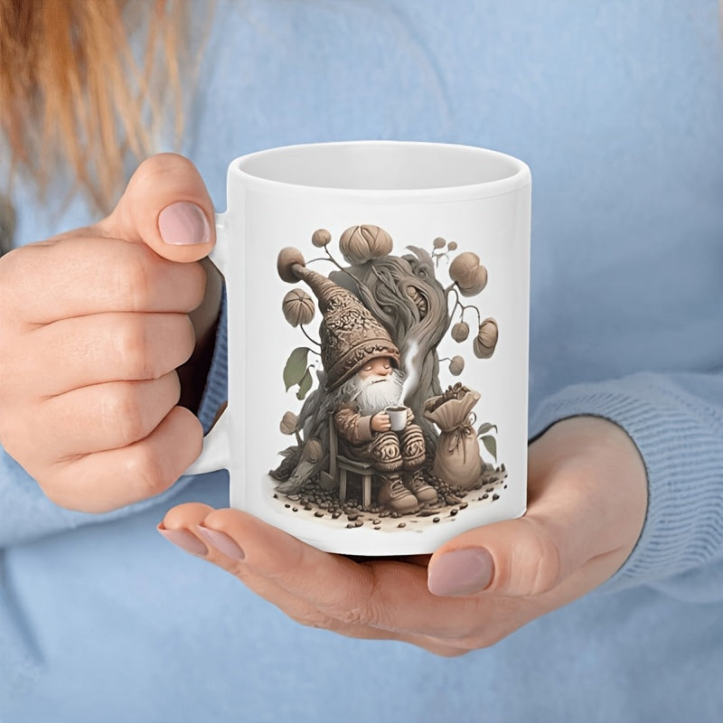 Tailorly White Ceramic 11 oz Mug - Whimsical Small Garden Creature Holding Hot Drink In Forest Setting Gnome