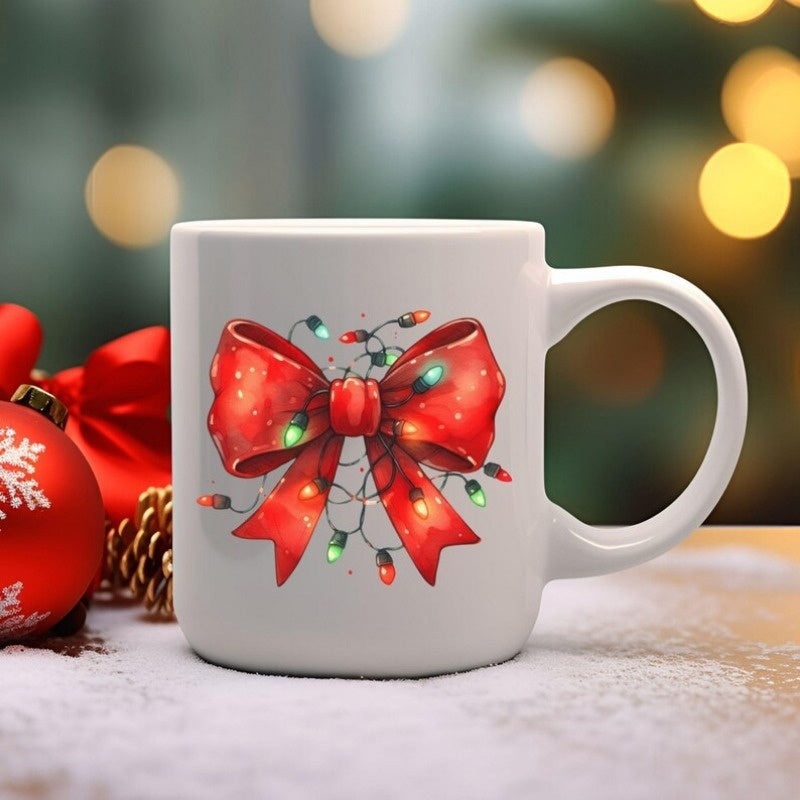 Tailorly White Ceramic 11 oz Mug - Festive Red Ribbon Wrapped With Twinkling Colorful Holiday String Lights Bow