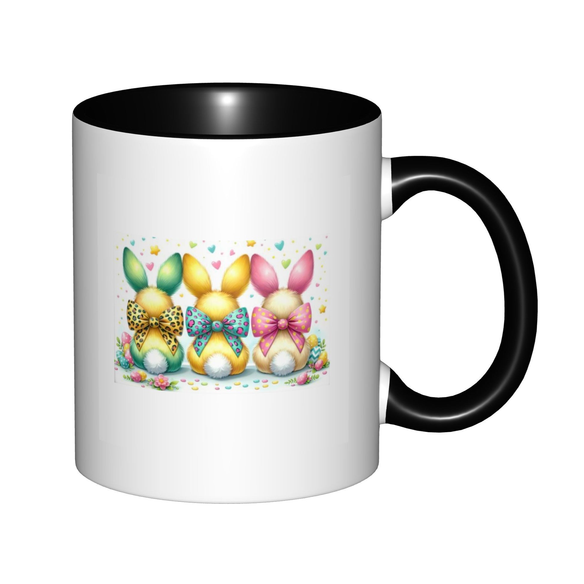 Tailorly Black Accent 11 oz Mug - colorful eared bunnies with bows coffee mug two tone ceramic cup rabbit mug festive gift for animal fans kitchen