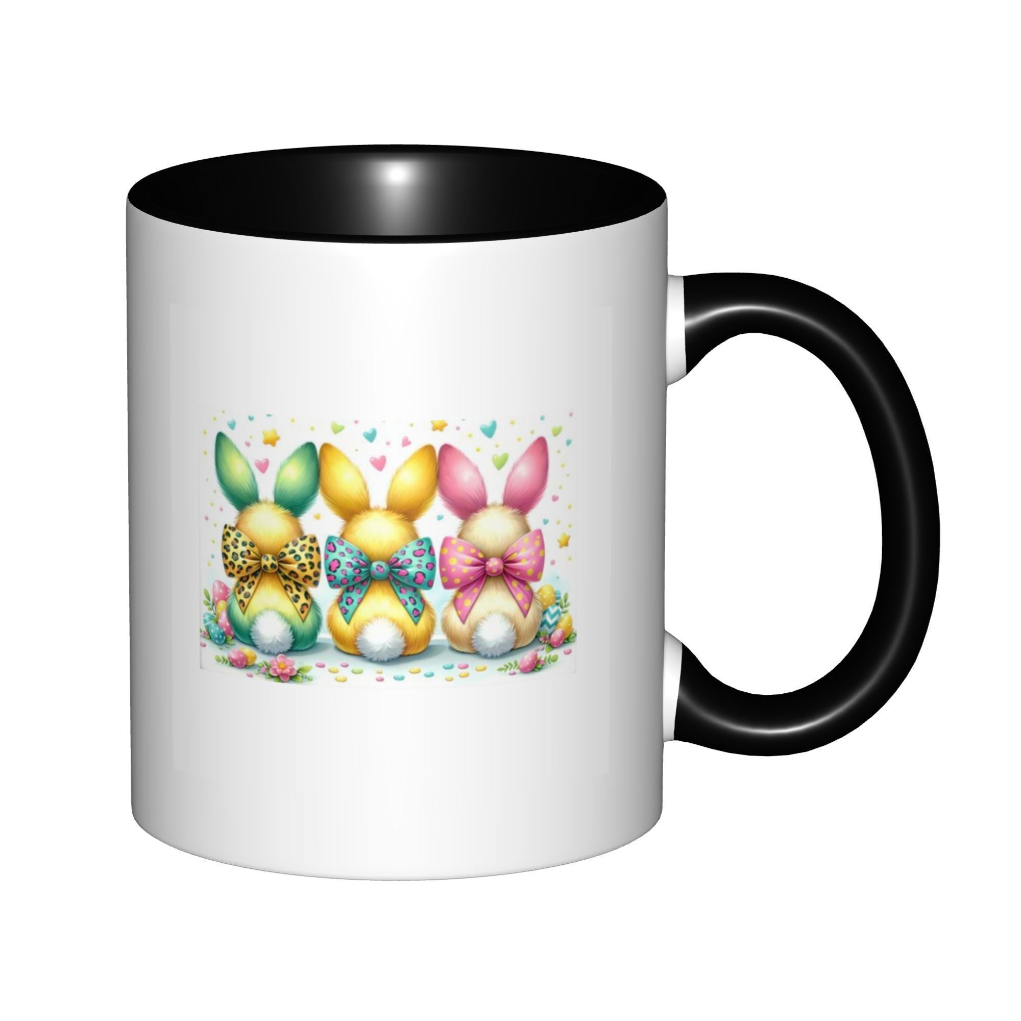 Tailorly Black Accent 11 oz Mug - colorful eared bunnies with bows coffee mug two tone ceramic cup rabbit mug festive gift for animal fans kitchen
