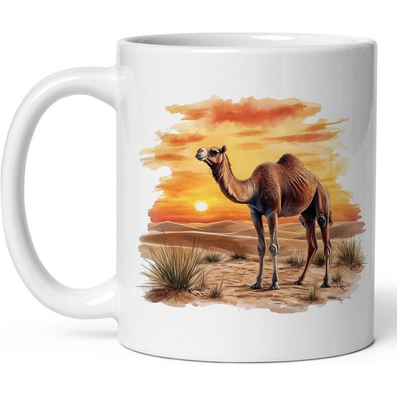 Tailorly White Ceramic 11 oz Mug - Majestic Standing In Golden Desert Dunes Under Glowing Sunset Camel