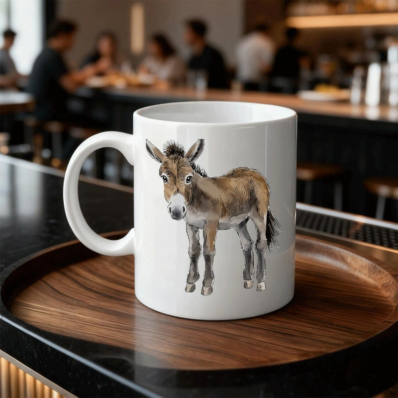 Tailorly White Ceramic 11 oz Mug - Hand Painted Artistic Realistic Young Animal Standing On Pure White Surface Donkey