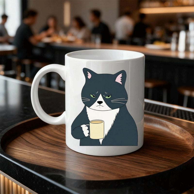 Tailorly White Ceramic 11 oz Mug - Grumpy Tuxedo Cat Holding A Small Cup Sitting Within White Space Cat