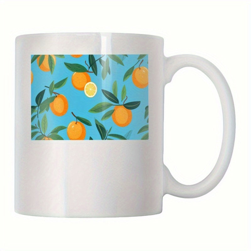 Tailorly White Ceramic 11 oz Mug - Vibrant Citrus Pattern With Green Leaves On Light Blue Background Orange