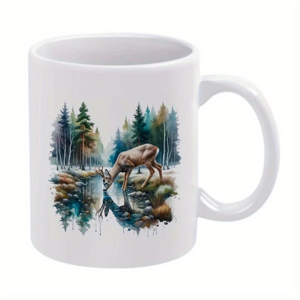 Tailorly White Ceramic 11 oz Mug - Majestic Animal Drinking From Crystal Stream Among Pine Trees And Wilderness Deer