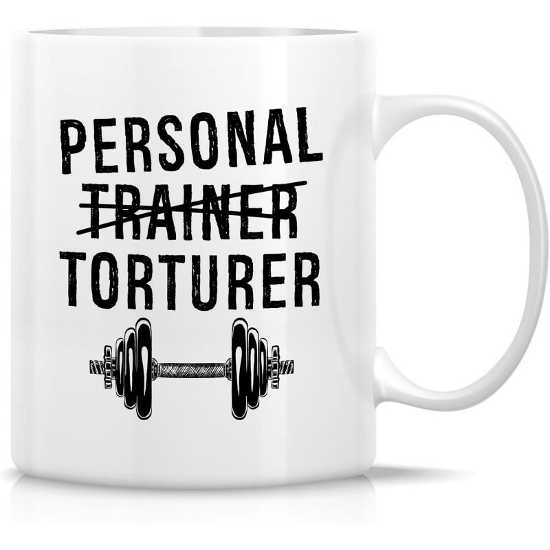 Tailorly White Ceramic 11 oz Mug - Personal Trainer Torturer Heavy Black Iron Weights On A Sturdy Steel Metal Barbell