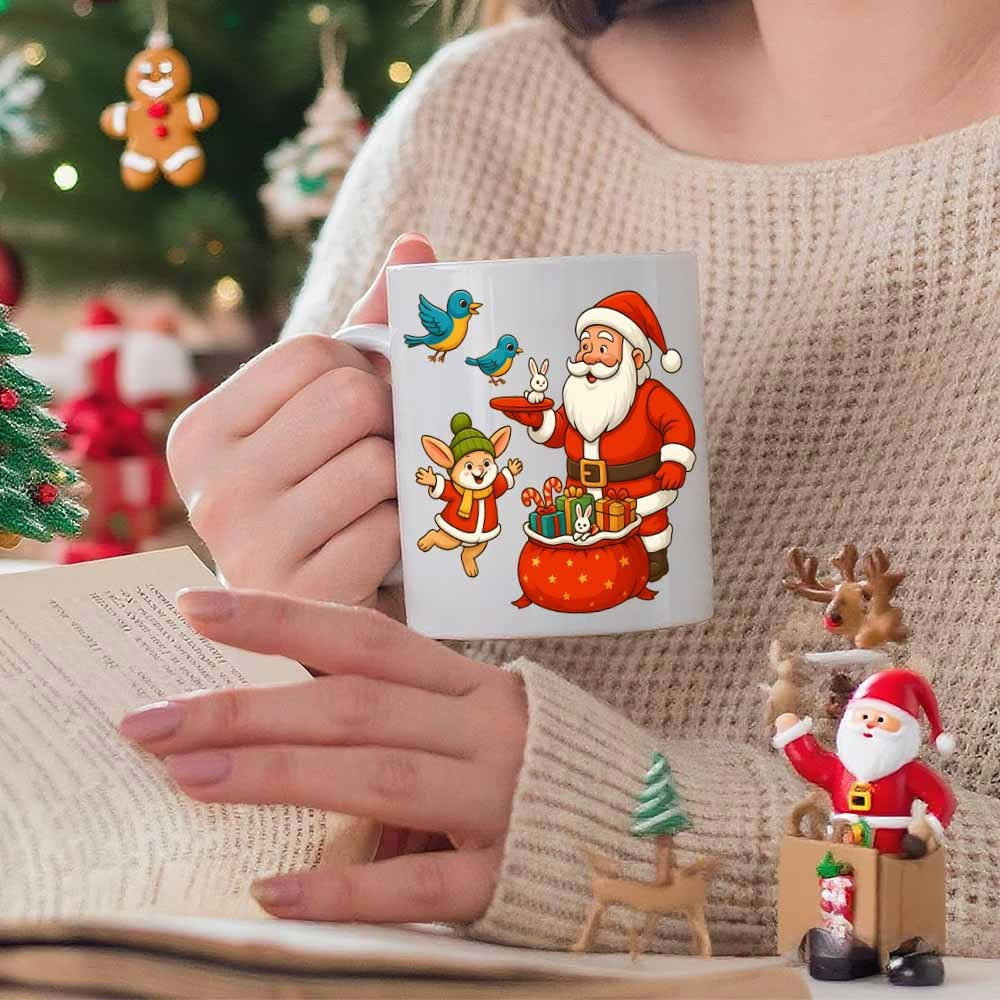 Tailorly White Ceramic 11 oz Mug - Jolly Holiday Scene Featuring Cute Corgi And Blue Birds Delivering Gifts Santa