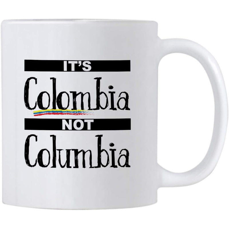 Tailorly White Ceramic 11 oz Mug - Its Colombia Not Columbia Minimalist Monochrome Lettering Featuring Small Colorful National Flag Stripe Details Mug