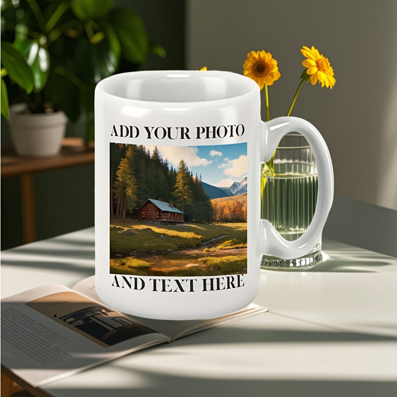 Tailorly White Ceramic 11 oz Mug - Add Your Photo And Text Here Rustic Small Cabin Nestled Within Lush Green Pine Trees And Mountain Landscape Cabin