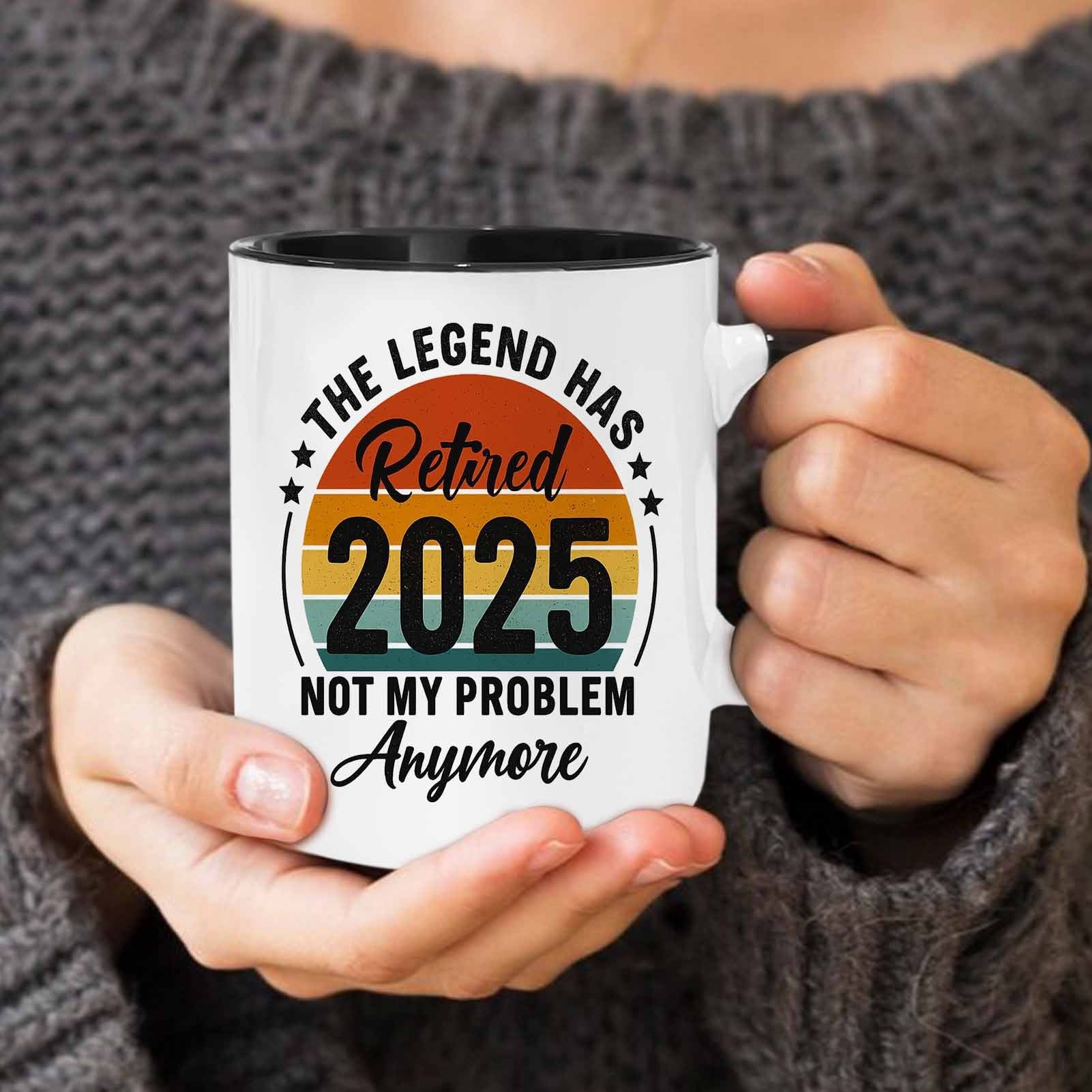 Tailorly Black Accent 11 oz Mug - vintage sunset with the legend has retired 2025 text