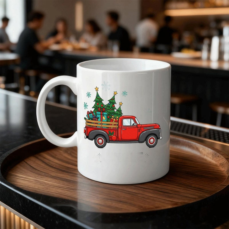 Tailorly White Ceramic 11 oz Mug - Vintage Red Pickup Carrying Festive Christmas Trees And Wrapped Holiday Gifts Truck