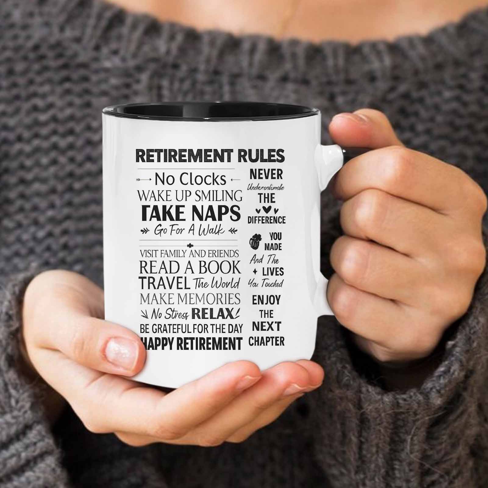 Tailorly Black Accent 11 oz Mug - Chalkboard design with Retirement Rules text