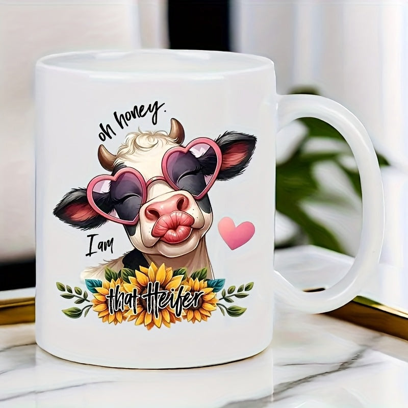 Tailorly White Ceramic 11 oz Mug - Oh Honey I Am Charming Cartoon Heifer Wearing Pink Heart Sunglasses With Sunflowers Cow
