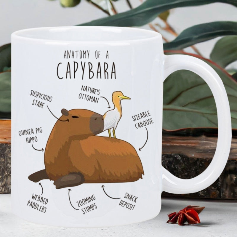 Tailorly White Ceramic 11 oz Mug - Anatomy Of A Capybara Suspicious Stare Natures Ottoman Guinea Pig Hippo Sizable Caboose Webbed Paddlers Zooming Stumps Snack