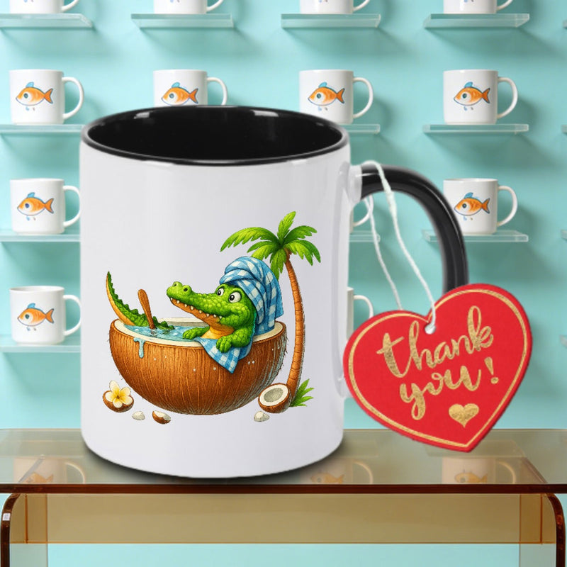 Tailorly Black Accent 11 oz Mug - A Single Whimsical Crocodile Design