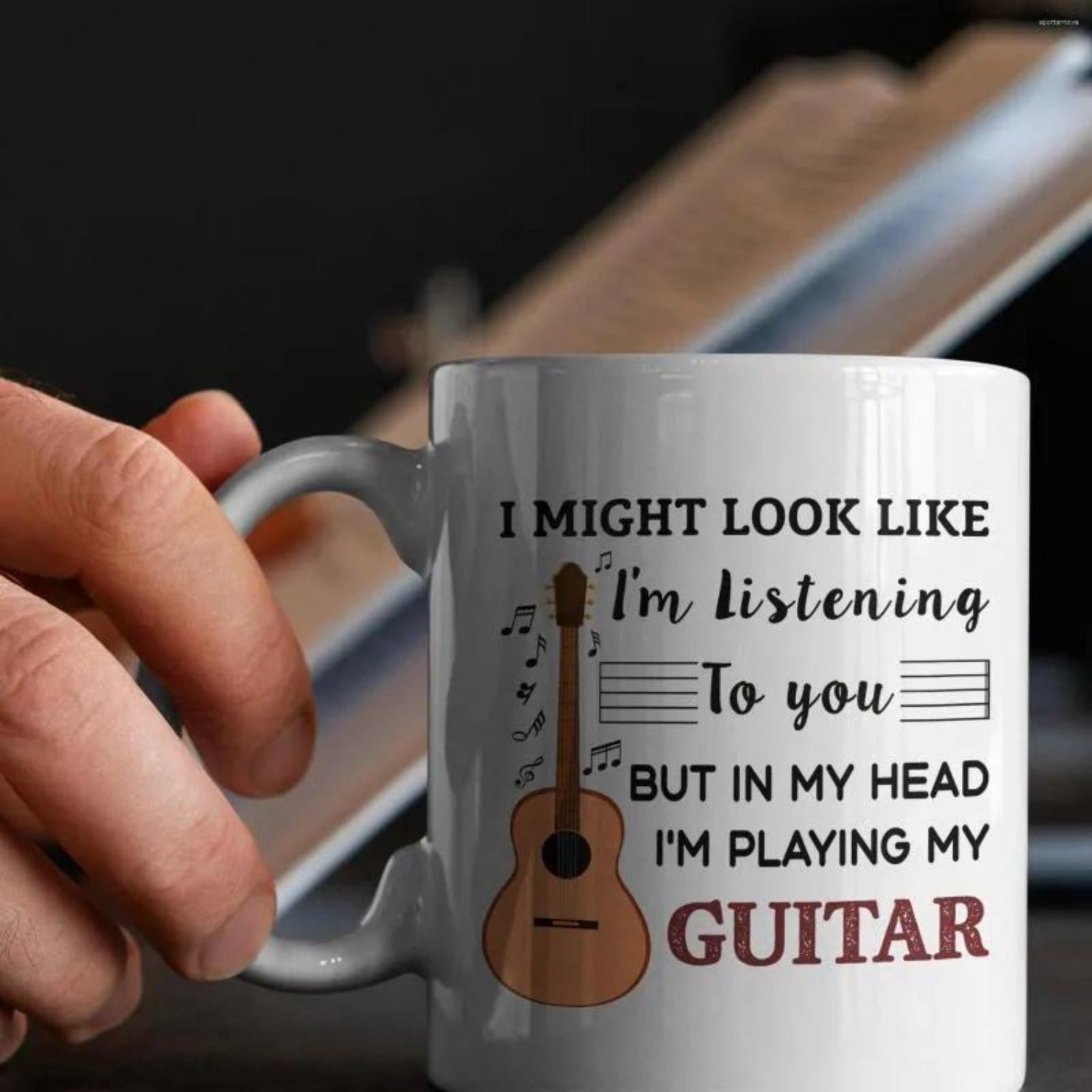 Tailorly White Ceramic 11 oz Mug - I Might Look Like Im Listening To You But In My Head Im Playing My Guitar Featuring Brown Acoustic Instrument Surrounded By