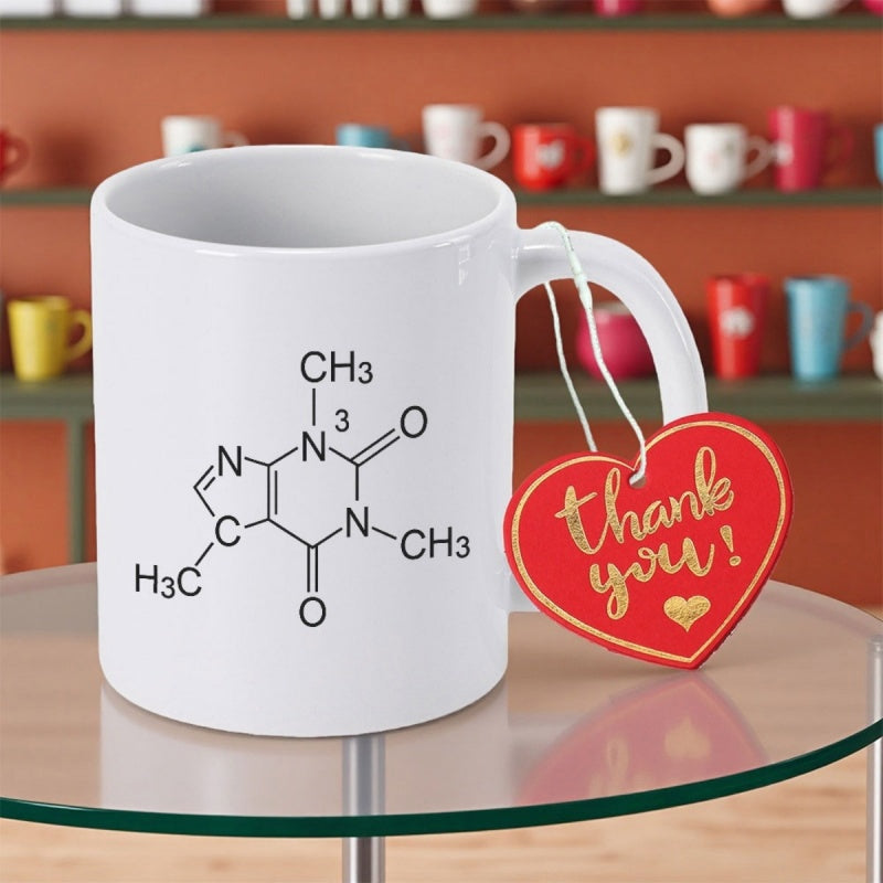 Tailorly White Ceramic 11 oz Mug - Thank You Scientific Black Ink Chemical Caffeine Structure With Geometric Lines Molecule