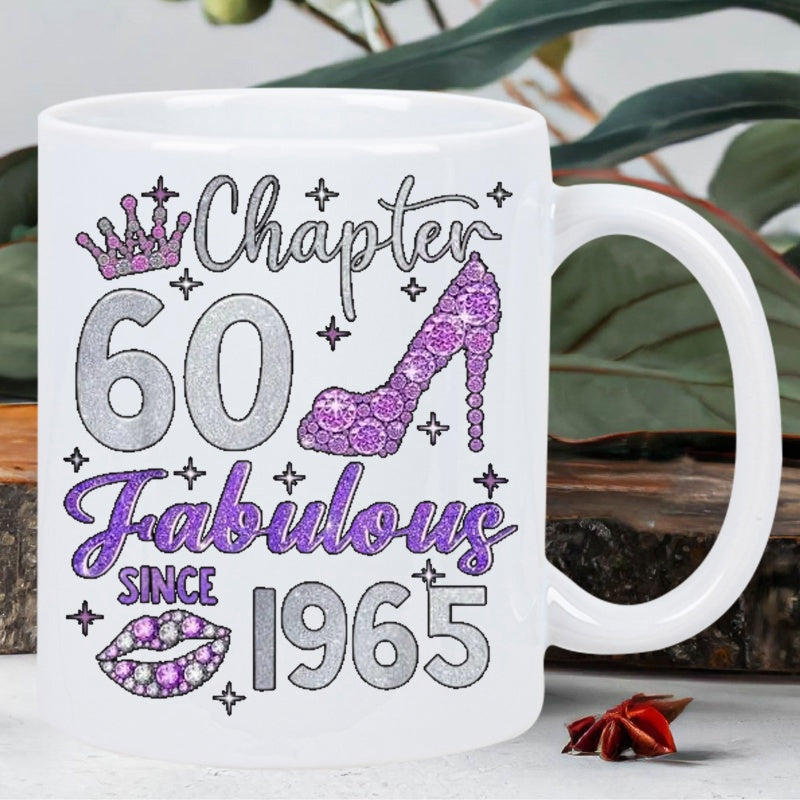 Tailorly White Ceramic 11 oz Mug - Chapter 60 Fabulous Since 1965 Elegant Purple Glitter Design With Royal Crown And Jeweled Lips High Heel