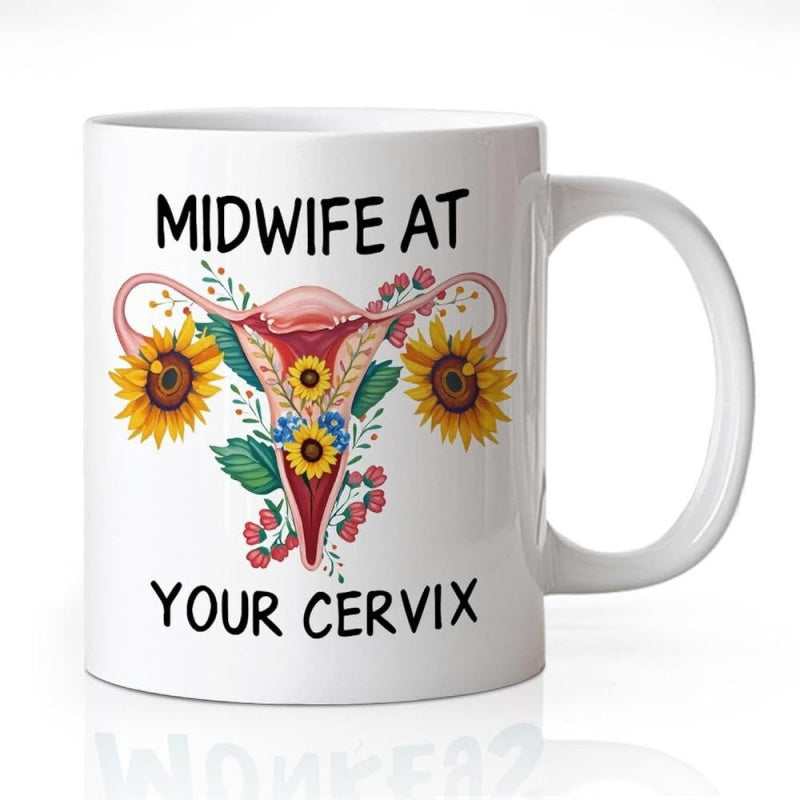 Tailorly White Ceramic 11 oz Mug - Midwife At Your Cervix Floral Sunflowers Blooming Among Green Leaves On Anatomy Uterus