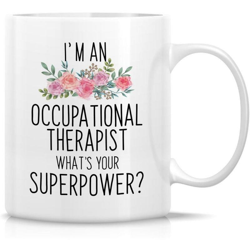 Tailorly White Ceramic 11 oz Mug - Im An Occupational Therapist Whats Your Superpower Beautiful Pink Watercolor Roses Blooming Among Delicate Green Leaves Flower