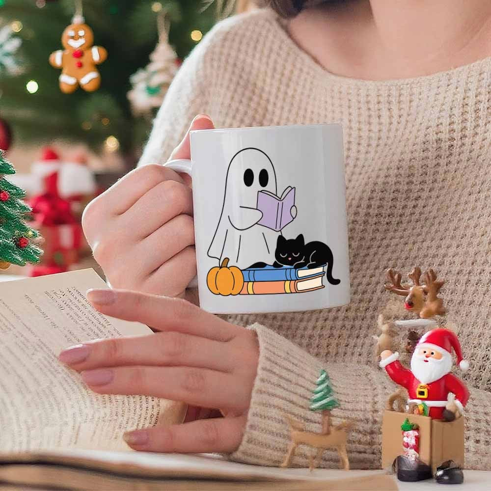 Tailorly White Ceramic 11 oz Mug - Adorable Whimsical Little Ghost Reading Books With A Sleeping Black Cat Ghost