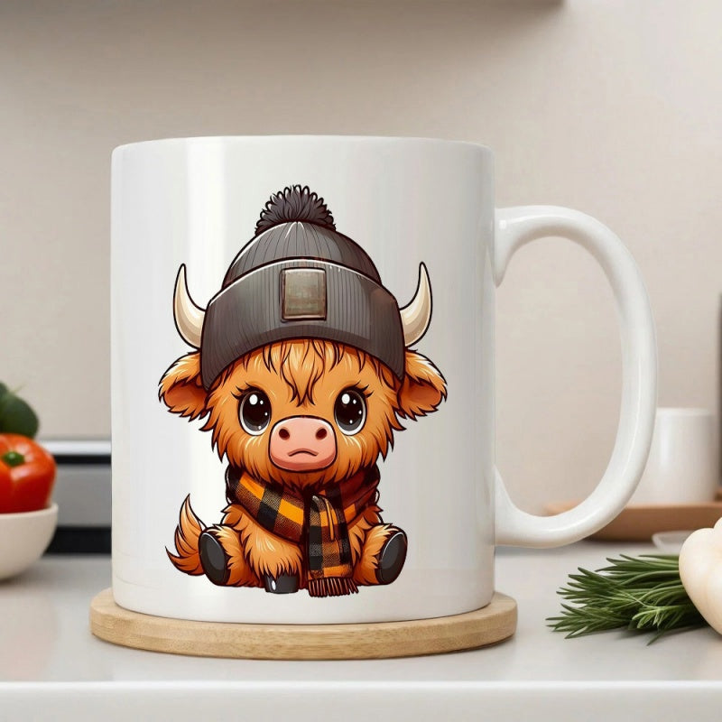 Tailorly White Ceramic 11 oz Mug - Adorable Cartoon Baby Wearing A Winter Grey Beanie And Scarf Highland Cow